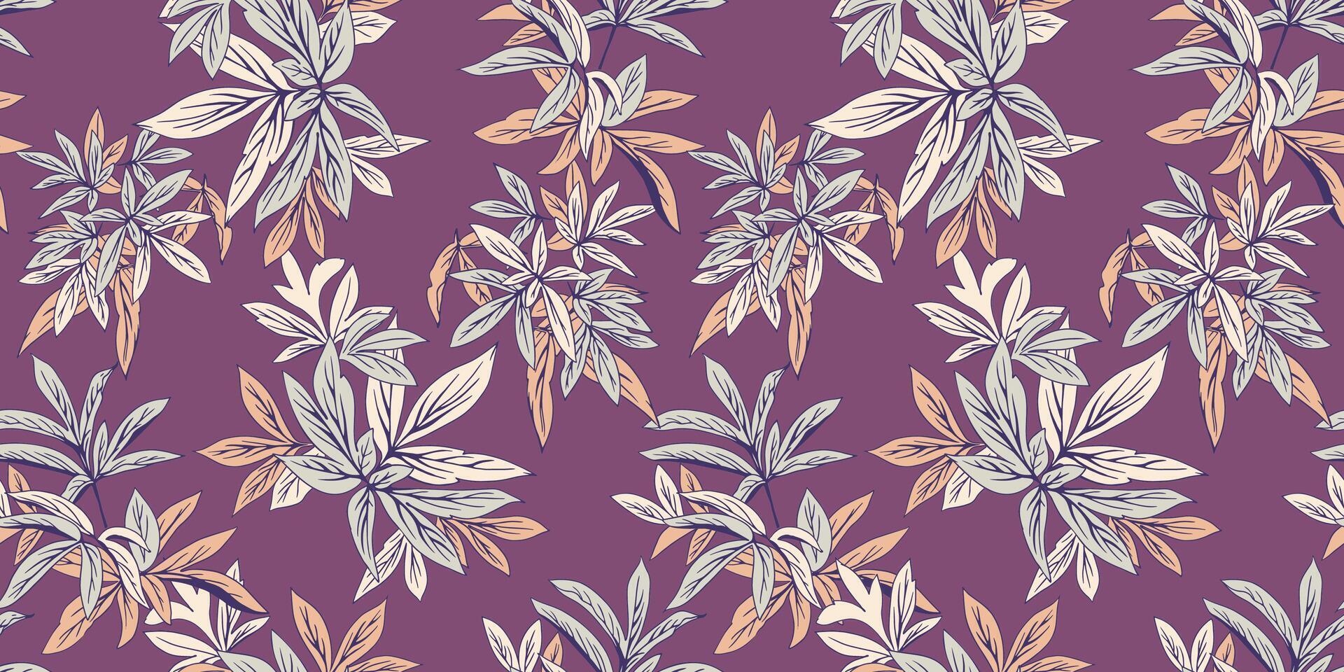 abstract artistiek oerwoud naadloos patroon met blad stengels Aan een Purper achtergrond. kleurrijk creatief botanisch bloemen bladeren afdrukken. hand- getrokken vector