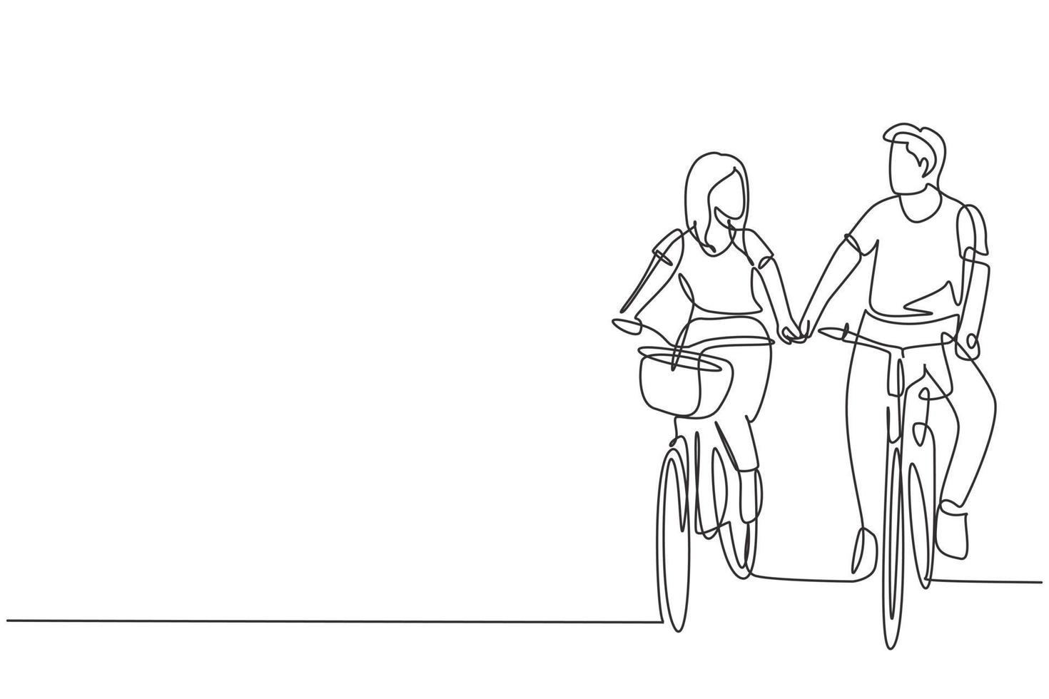 continu één lijntekening gelukkige paar fietsen buiten in de zomer. romantisch fietsend paar hand in hand. saamhorigheid van jonge man en vrouw. enkele lijn tekenen ontwerp vector grafische afbeelding