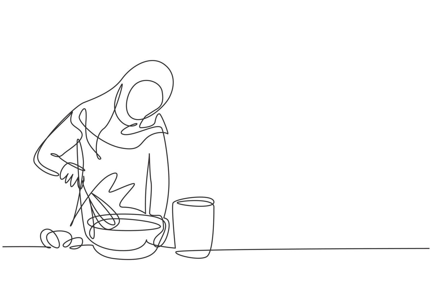 continue één lijntekening arabische vrouw praat op smartphone tijdens het bereiden van het diner in een gezellige keuken en kneed cakedeeg met behulp van handmatige handmixer. enkele lijn tekenen ontwerp vector grafische afbeelding