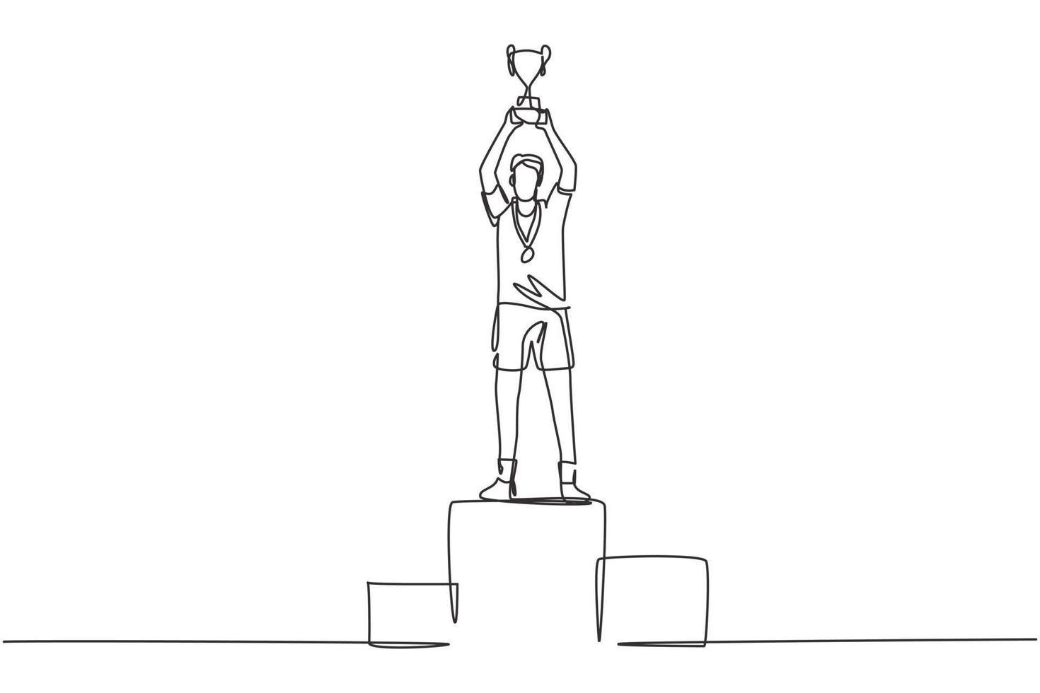 doorlopende mannelijke atleet met één lijntekening die sporttrui draagt en gouden trofee opheft met beide handen op het podium. overwinning van het kampioenschap vieren. enkele lijn tekenen ontwerp vector grafische afbeelding