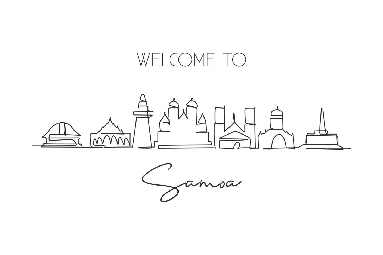 enkele doorlopende lijntekening samoa skyline, oceanië. beroemde stadsschraper landschapsgalerij. wereld reizen huis muur decor art poster print concept. moderne één lijn tekenen ontwerp vectorillustratie vector