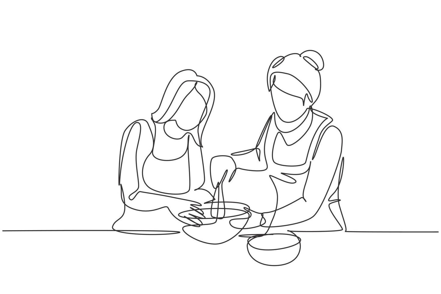 enkele één lijntekening gelukkige familie grootmoeder schoonmoeder en schoondochter dochter kneed cakedeeg met behulp van handmatige handmixer. moderne doorlopende lijn tekenen ontwerp grafische vectorillustratie vector