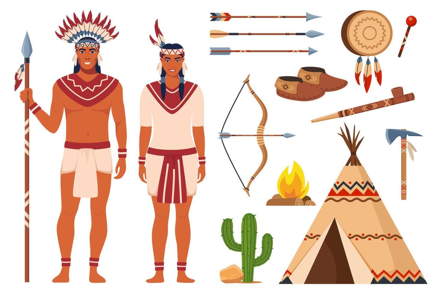 inheems Amerikaans indianen en traditioneel kleren set, wapens en cultureel symbolen. boog, pijlen, tamboerijn, wigwam, mocassins, tomahawk, vrede pijp. vector