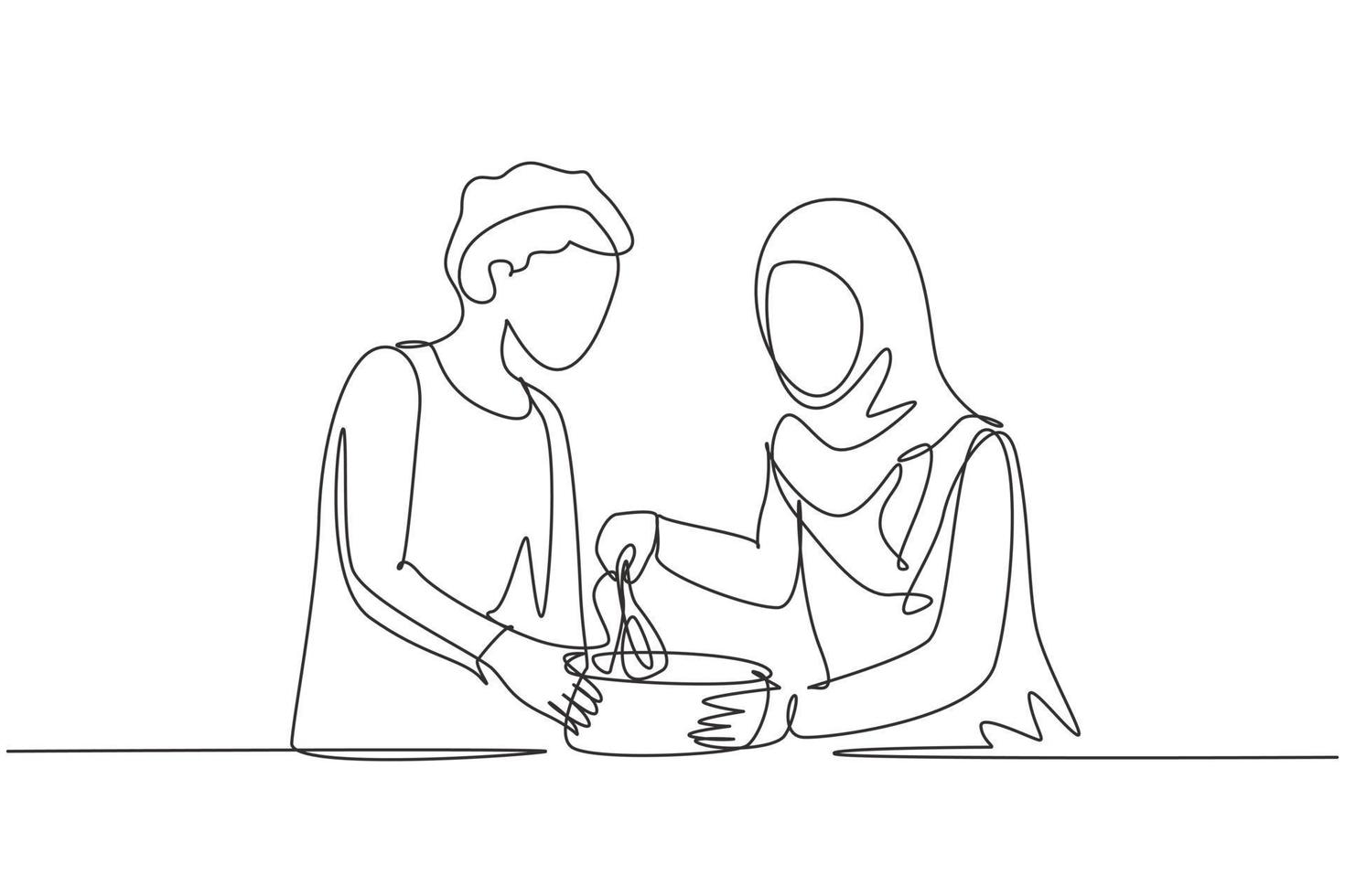 enkele een lijntekening romantisch arabisch paar kneed cakedeeg met behulp van handmatige handmixer. lekker thuis samen cakedeeg kneden. moderne doorlopende lijn tekenen ontwerp grafische vectorillustratie vector