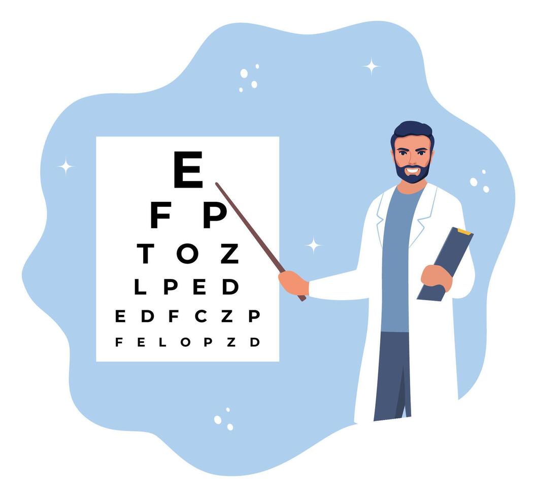 oogarts staand in de buurt oog test bord en tonen brief. oogheelkunde diagnostiek, visie correctie, optometrie. oogarts controle gezichtsvermogen van geduldig. oog kliniek afspraak. vector