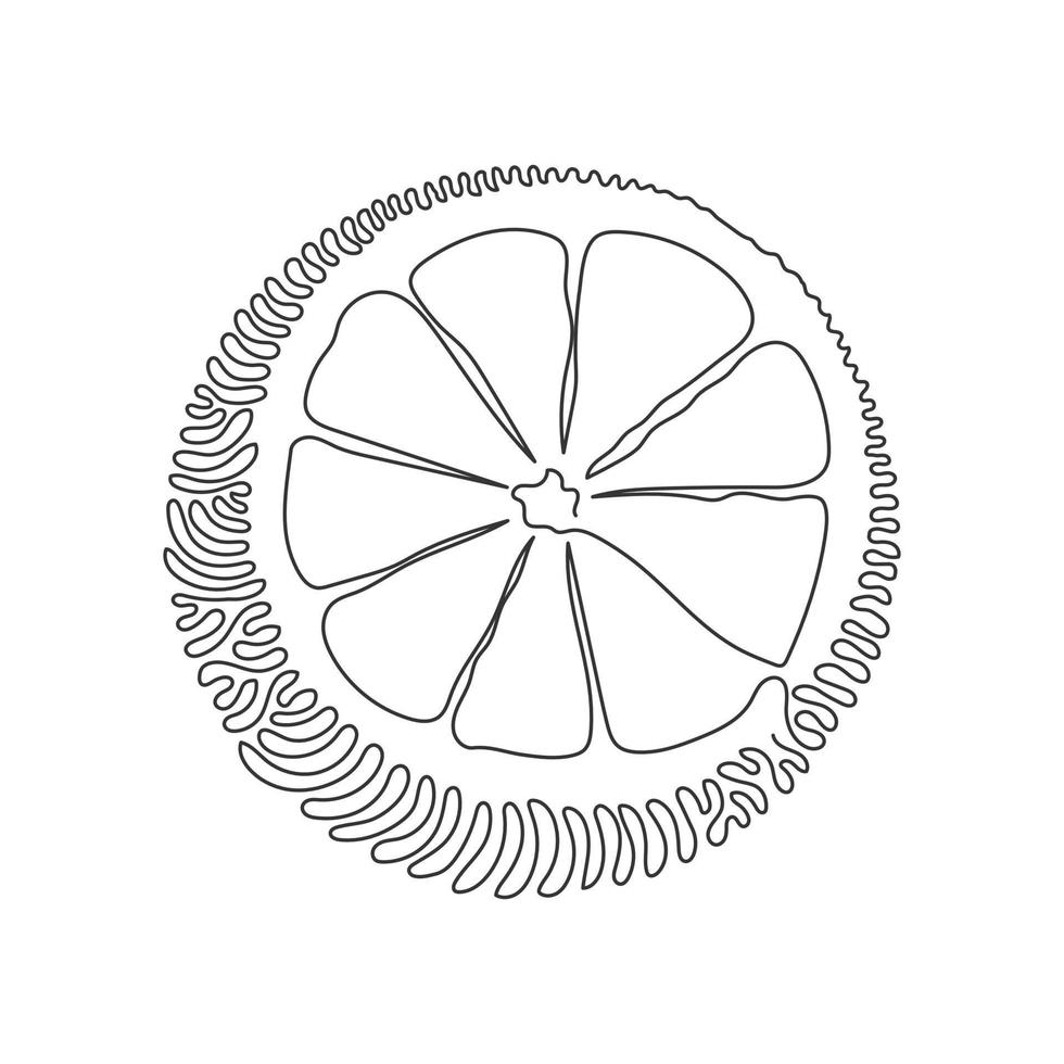 enkele lijntekening gesneden gezonde biologische sinaasappel voor de identiteit van het boomgaardlogo. vers tropisch fruitconcept. swirl curl cirkel achtergrondstijl. moderne ononderbroken lijntekening ontwerp grafische vector