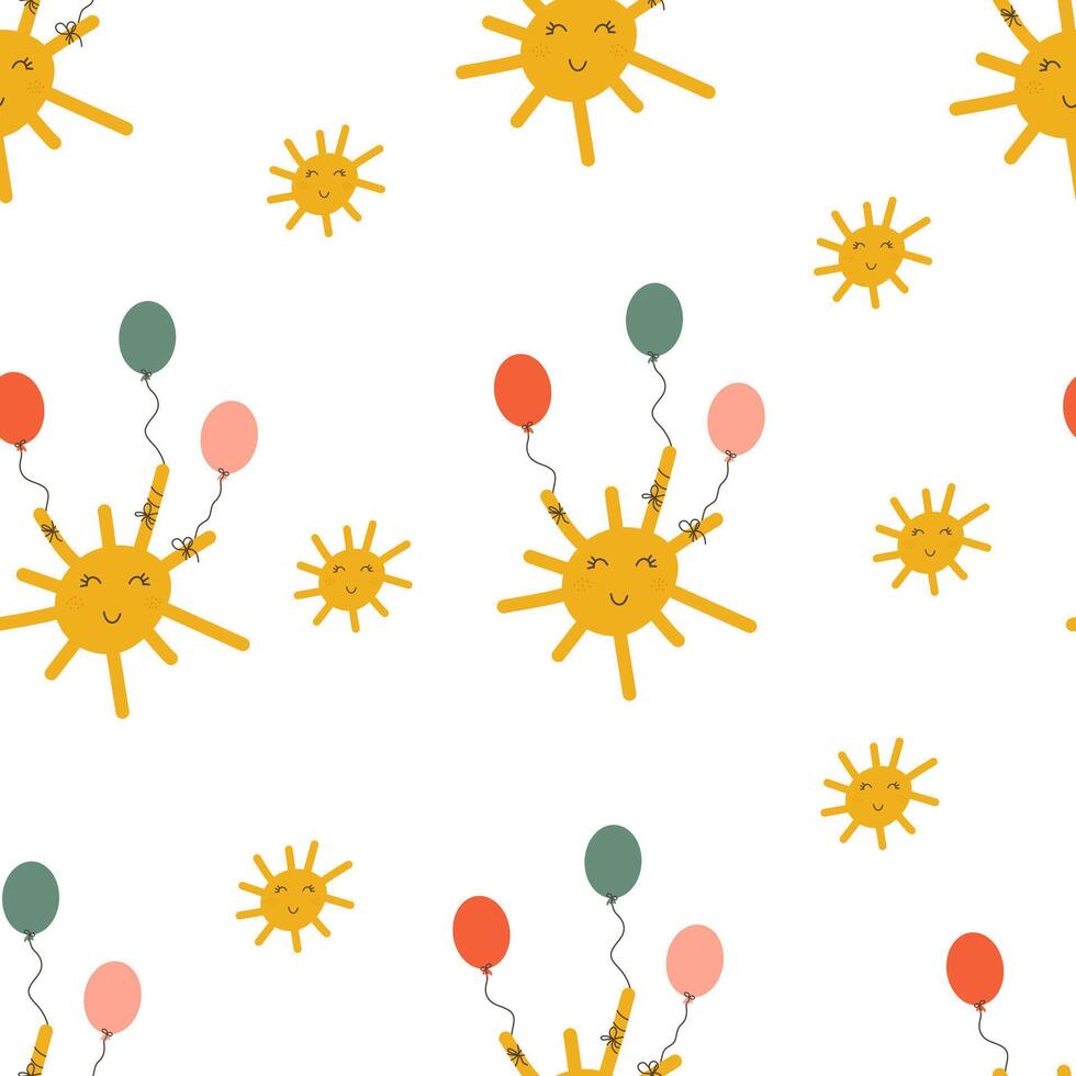 schattig zon met ballonnen Aan naadloos achtergrond.verjaardag. sjabloon voor textiel, behang, verpakking, Hoes vector