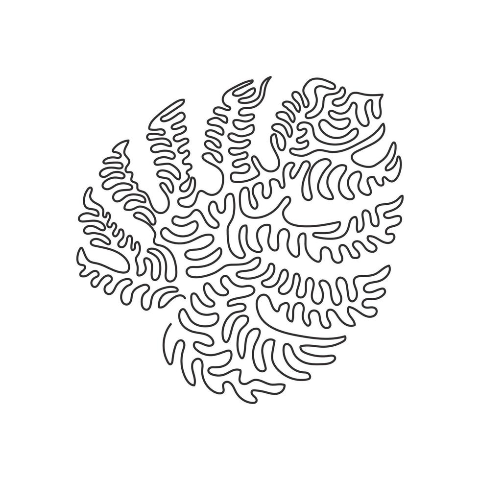 enkele een lijntekening exotische tropische blad monstera plant. afdrukbare decoratieve kamerplant concept voor thuis muur decor poster ornament. swirl krul stijl. doorlopende lijn tekenen ontwerp grafische vector