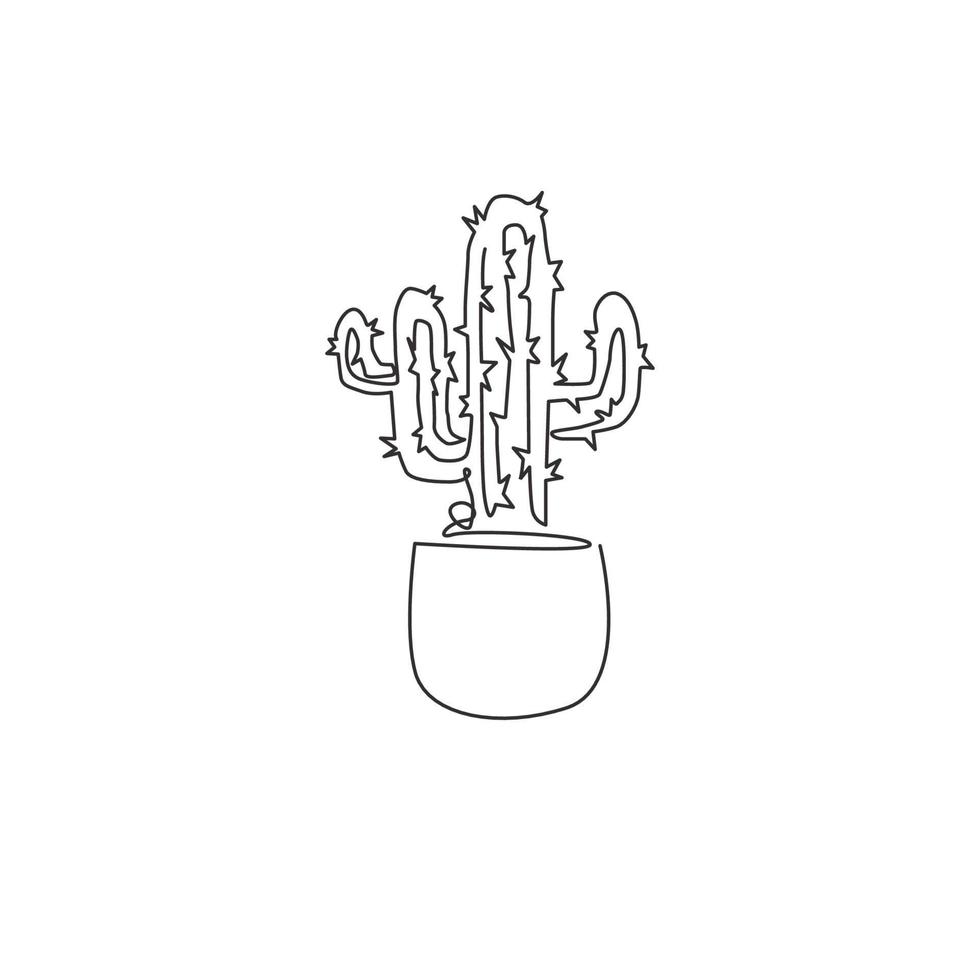 een enkele lijntekening schattige ingemaakte tropische stekelige cactusplant. afdrukbaar decoratief kamerplantconcept voor het decorornament van de huismuur. moderne ononderbroken lijn grafisch tekenen ontwerp vectorillustratie vector