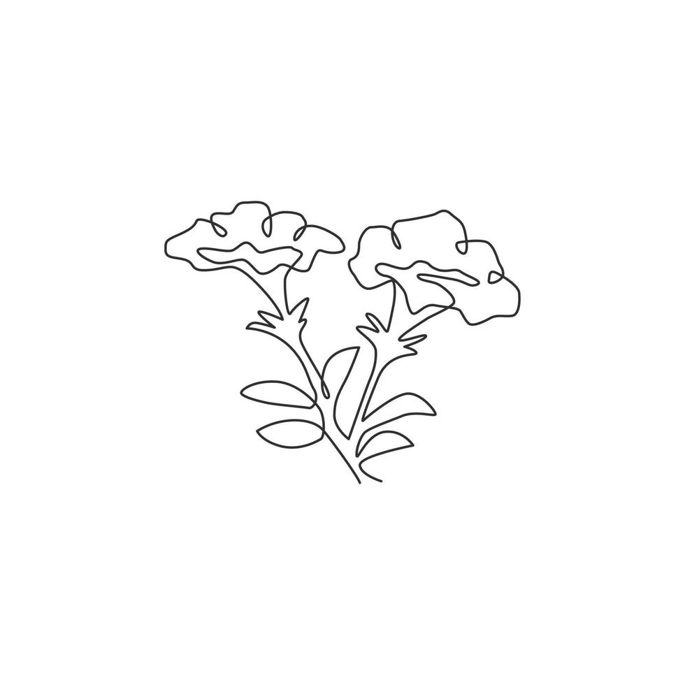 enkele doorlopende lijntekening van schoonheidsverse petunioideae voor tuinlogo. afdrukbare decoratieve petunia bloem concept voor thuis muur decor poster art. moderne één lijn tekenen ontwerp vectorillustratie vector