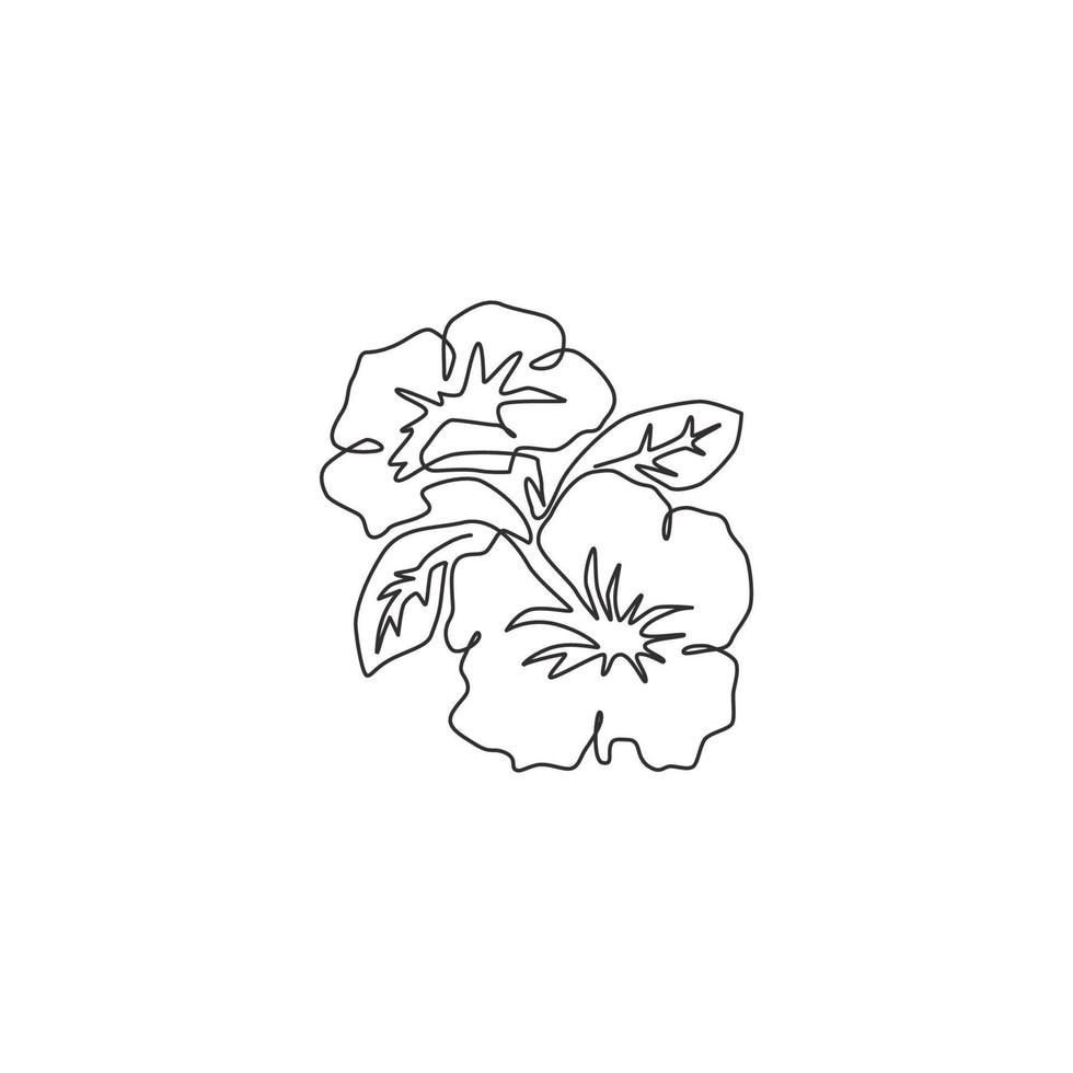 een enkele lijntekening van schoonheid verse petunioideae voor thuis muur decor poster. afdrukbare decoratieve petunia bloem voor bruiloft uitnodigingskaart. moderne doorlopende lijn tekenen ontwerp vectorillustratie vector