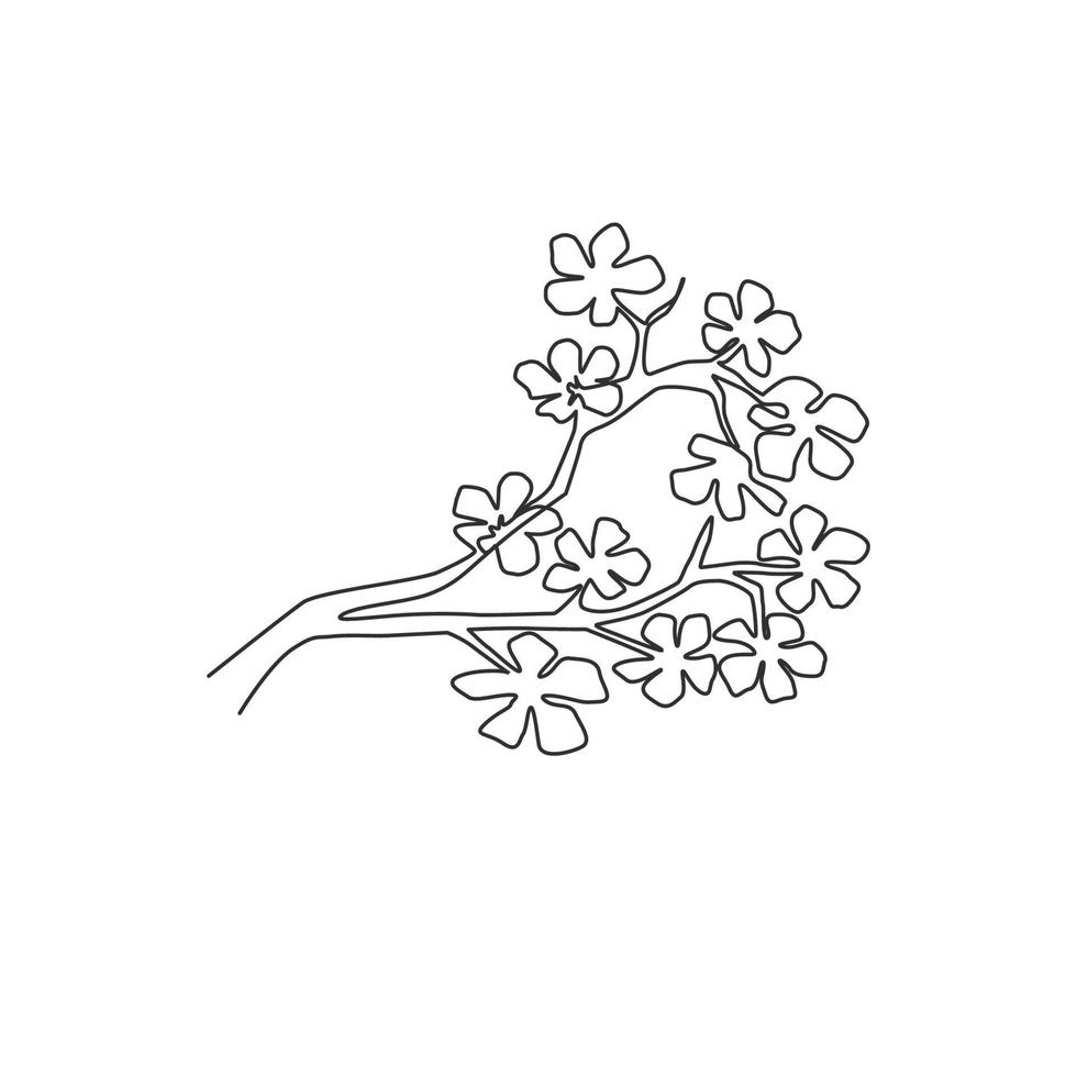 een doorlopende lijntekening schoonheid verse kersenbloesem voor tuin logo. afdrukbare decoratieve sakura bloem voor thuis muur decor art poster print. moderne enkele lijn tekenen ontwerp vectorillustratie vector