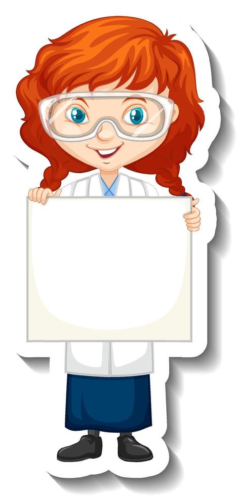 wetenschapper meisje met leeg bord in stickerstijl vector