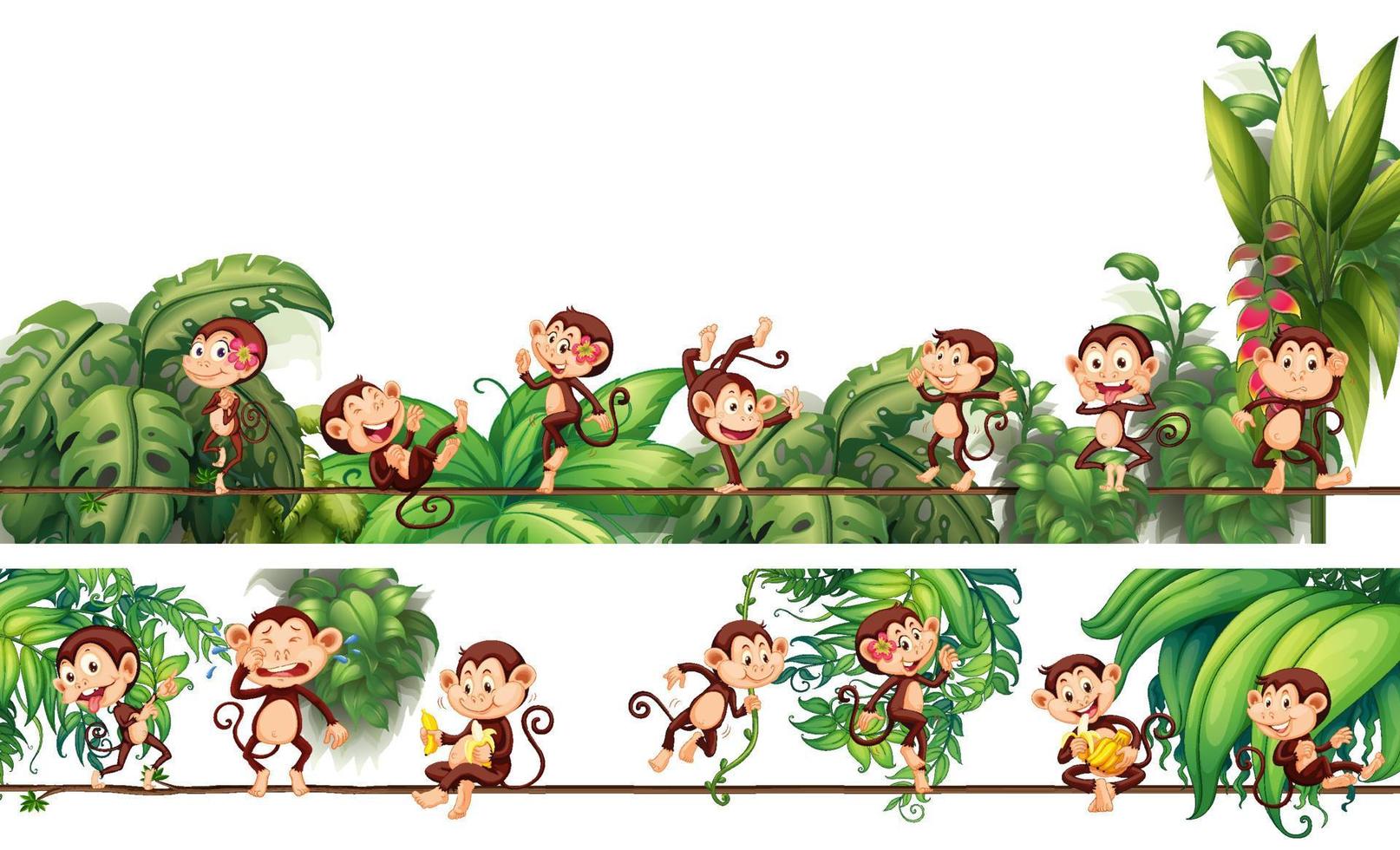 verschillende aap stripfiguren op het touw met tropisch blad vector