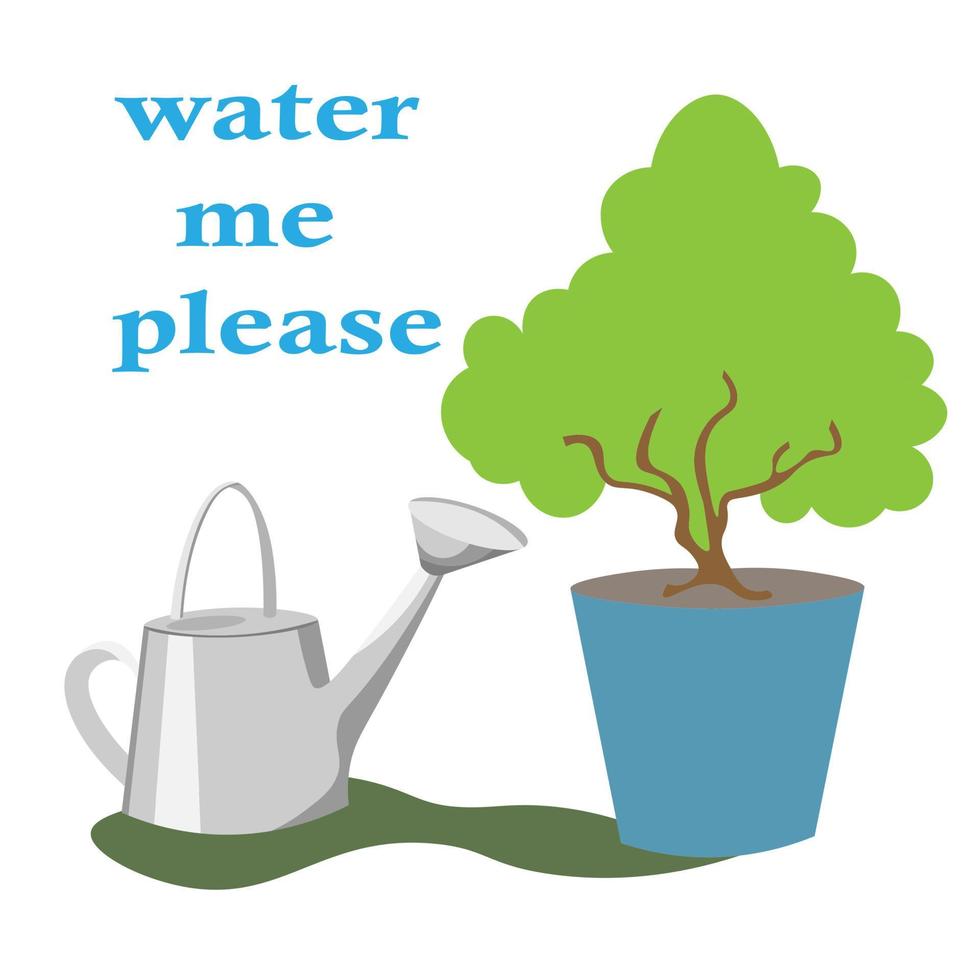 groene boom, kamerplant in pot met grappige inscriptie voor ansichtkaart, ontwerp, afdrukken, geef me water, alsjeblieft. plantenverzorging, vergeet niet water te geven. vector
