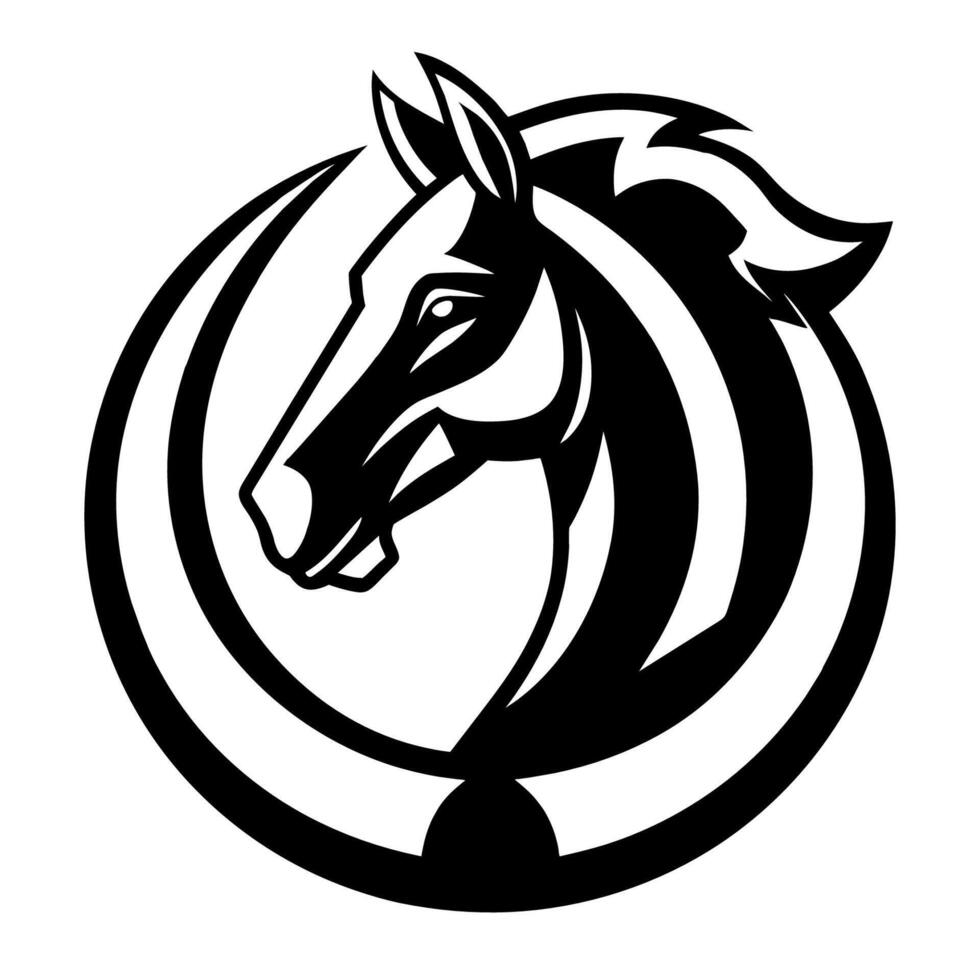 paard hoofd met hoefijzer, zwart en wit illustratie vector