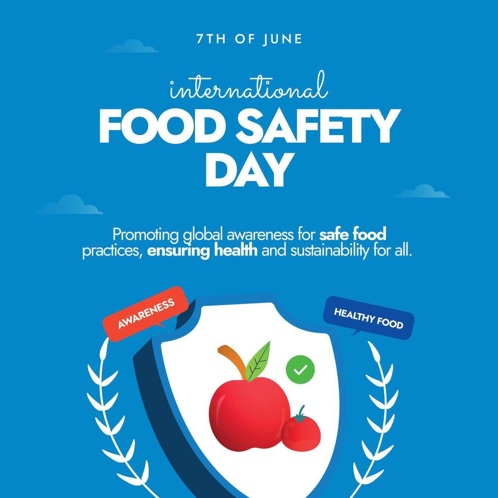 wereld voedsel veiligheid dag. voedsel veiligheid sociaal media post met medisch schild, fruit, groenten, wereld kaart silhouet en appel. 7e juni gezond voedsel dag met blauw achtergrond. eten gezond vector