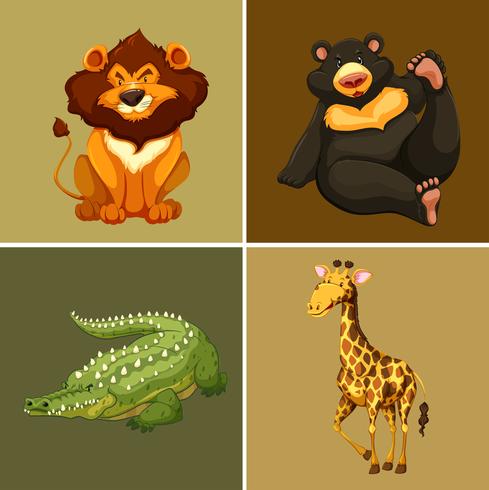 Vier soorten wilde dieren op bruine achtergrond vector