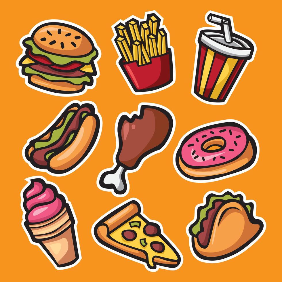 junk food tekening hand- getrokken tekenfilm stickers verzameling vector