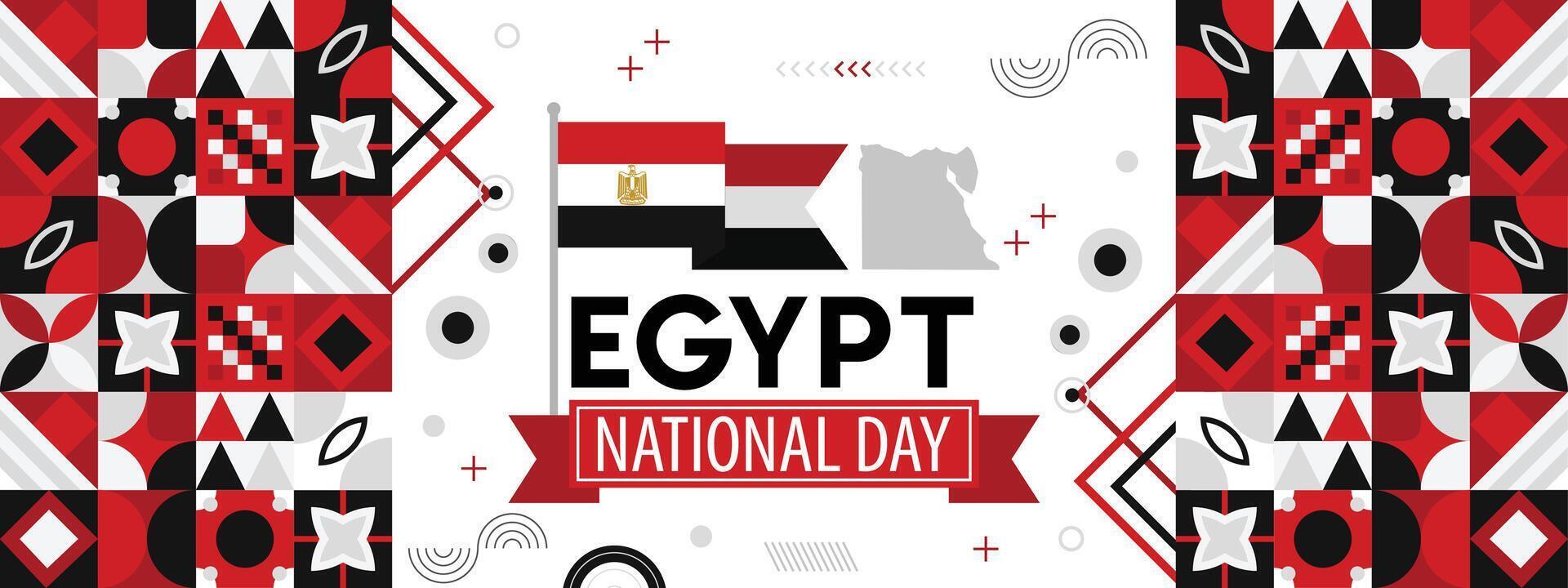 Egypte nationaal dag banier voor onafhankelijkheid dag. Egyptische vlag, kaart en modern meetkundig abstract ontwerp. rood wit zwart thema vector