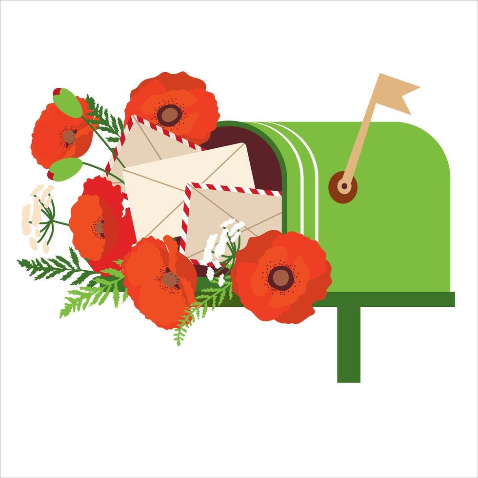 een boeket van helder zomer klaprozen van een wijnoogst postbus. correspondentie van brieven en rood tuin klaprozen in de postbus. vector