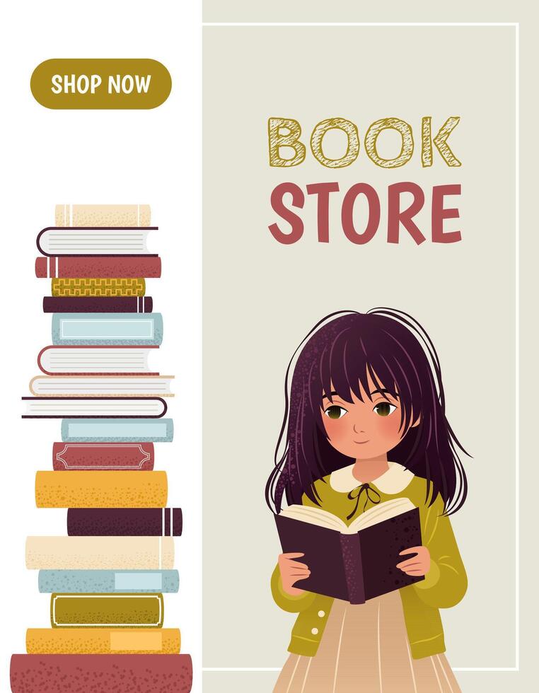 verticaal banier of landen bladzijde sjabloon voor een bibliotheek of boekhandel app met een meisje en een stapel van boeken. een getextureerde tekenfilm illustratie van een weinig kind. een e-bibliotheek, een e-book concept illustratie. vector