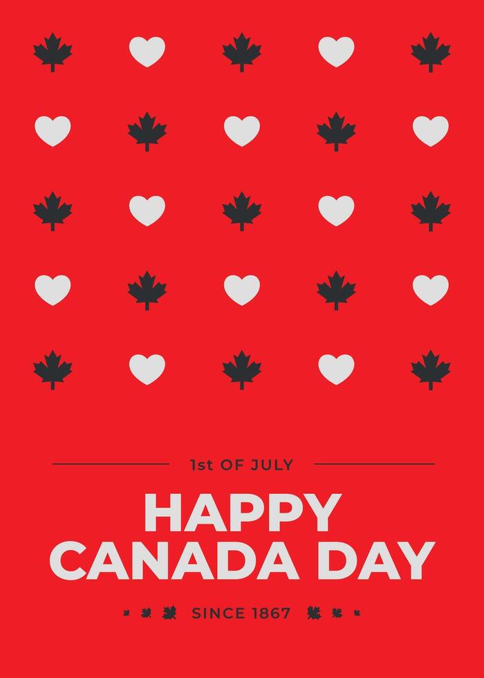 minimalistisch modieus verticaal Canada dag poster. gelukkig Canada dag. 1e van juli sjabloon ontwerp zege dag. sociaal media na, vieren. esdoorn- bladeren en harten. wij liefde Canada. meetkundig stijl vector