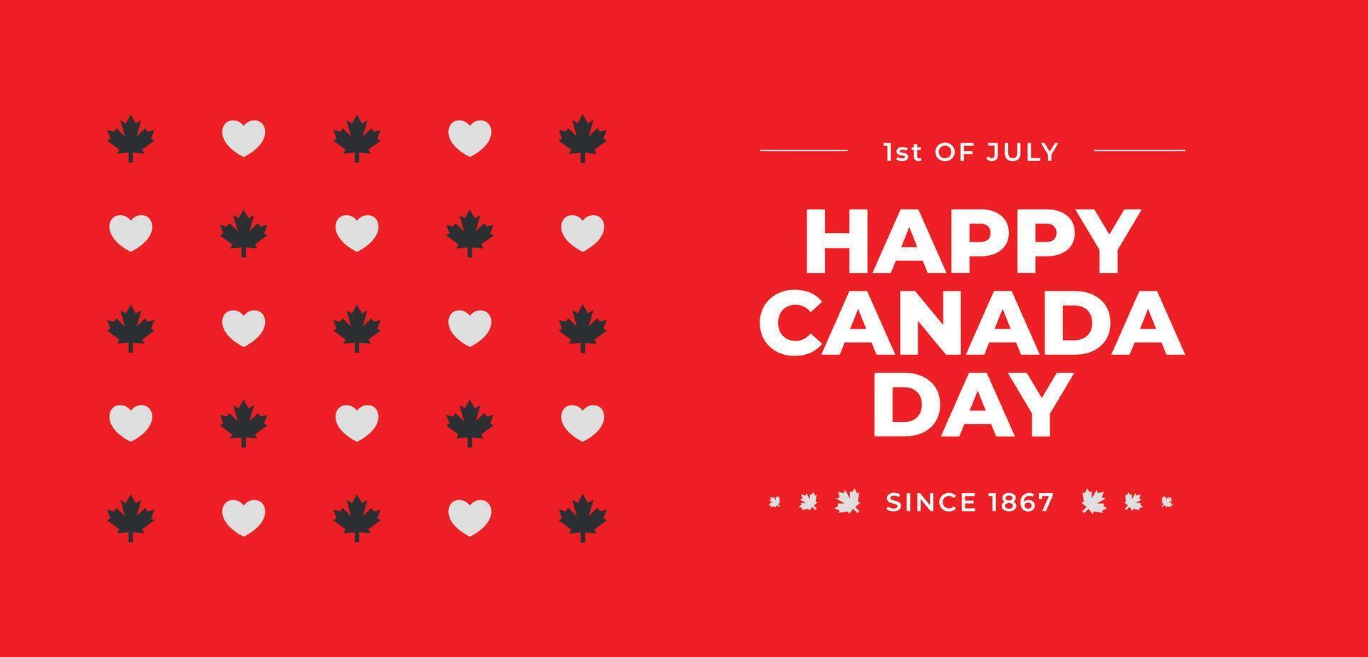 minimalistisch modieus horizontaal Canada dag spandoek. gelukkig Canada dag. 1e van juli sjabloon ontwerp zege dag. sociaal media na, vieren. esdoorn- bladeren en harten. wij liefde Canada. meetkundig stijl vector