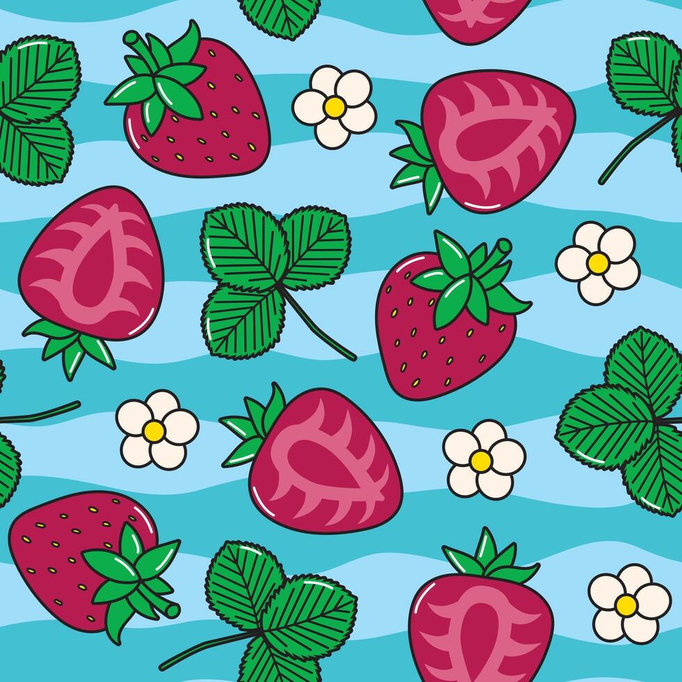 patroon met schattig aardbeien en bladeren Aan gestreept achtergrond vector