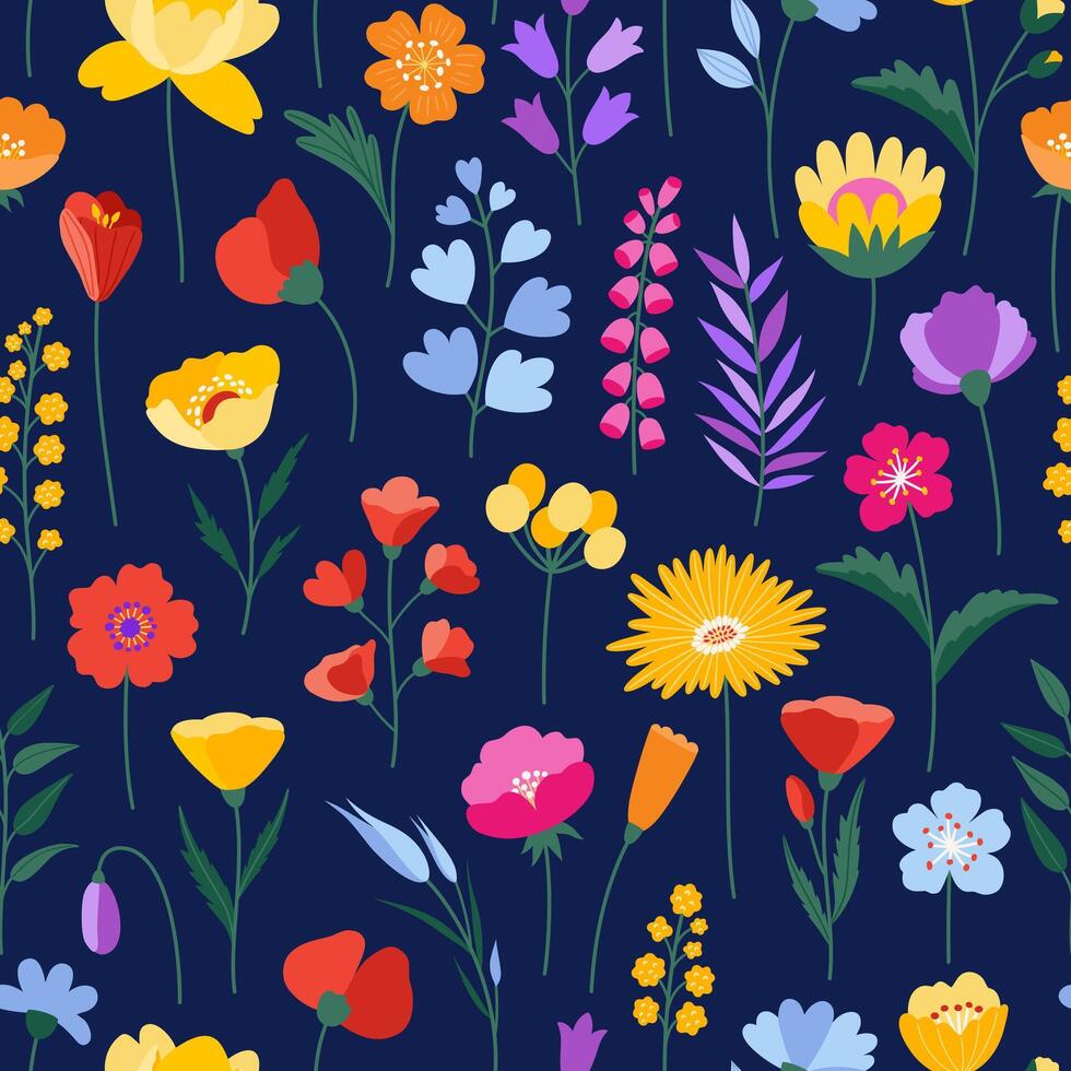 wilde bloemen naadloos patroon, donker achtergrond. helder en kleurrijk weide kruiden en bloemen. bloemen zomer illustratie. voorjaar botanisch achtergrond, modern stijl ontwerp vector