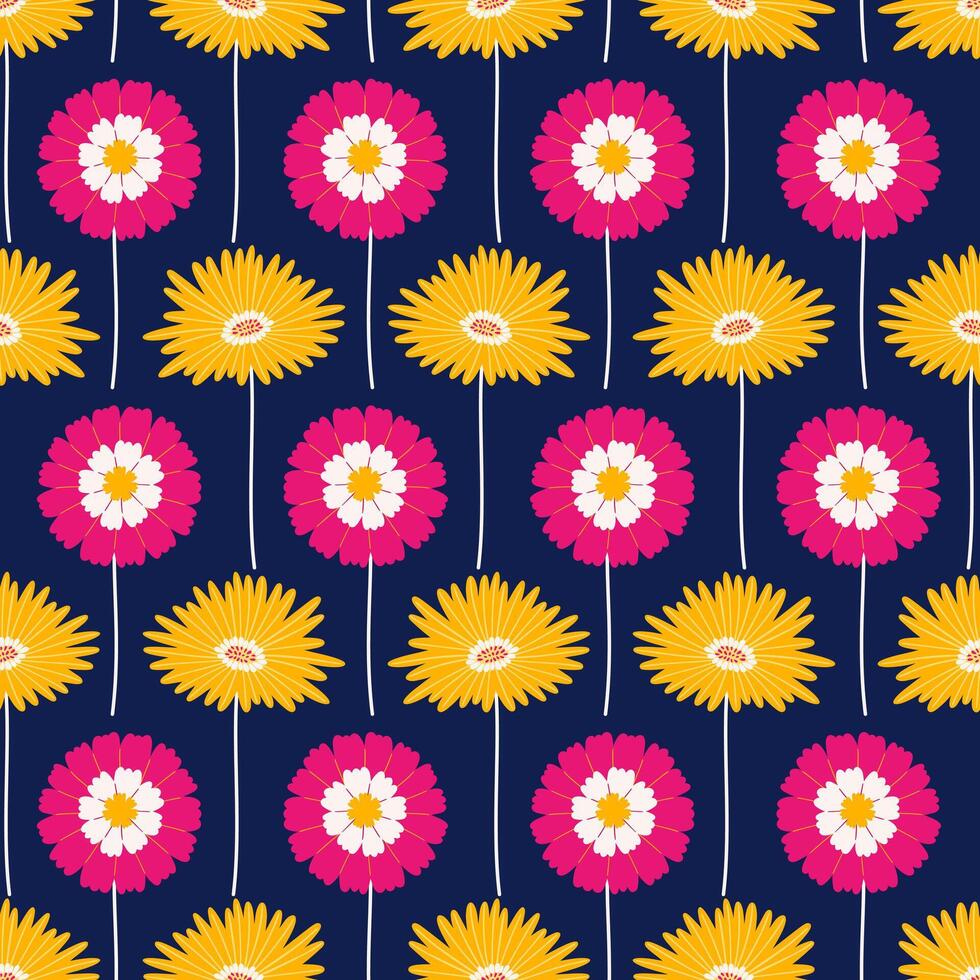 naadloos patroon met gerbera en zinnia bloemen Aan een donker blauw achtergrond. zomer helder bloemen illustratie. voorjaar botanisch afdrukken, modern stijl ontwerp vector