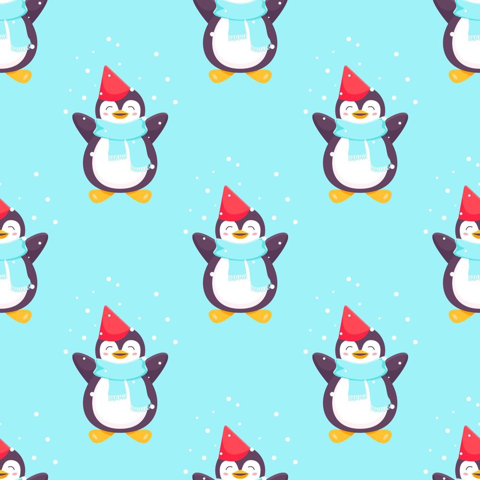 pinguïns naadloze patroon. cartoon pinguïn in een pet, sjaal en sneeuwvlokken. vector schattig winter illustratie blauwe achtergrond. vrolijk kerstfeest en gelukkig nieuwjaar naadloos patroon met pinguïns in vector