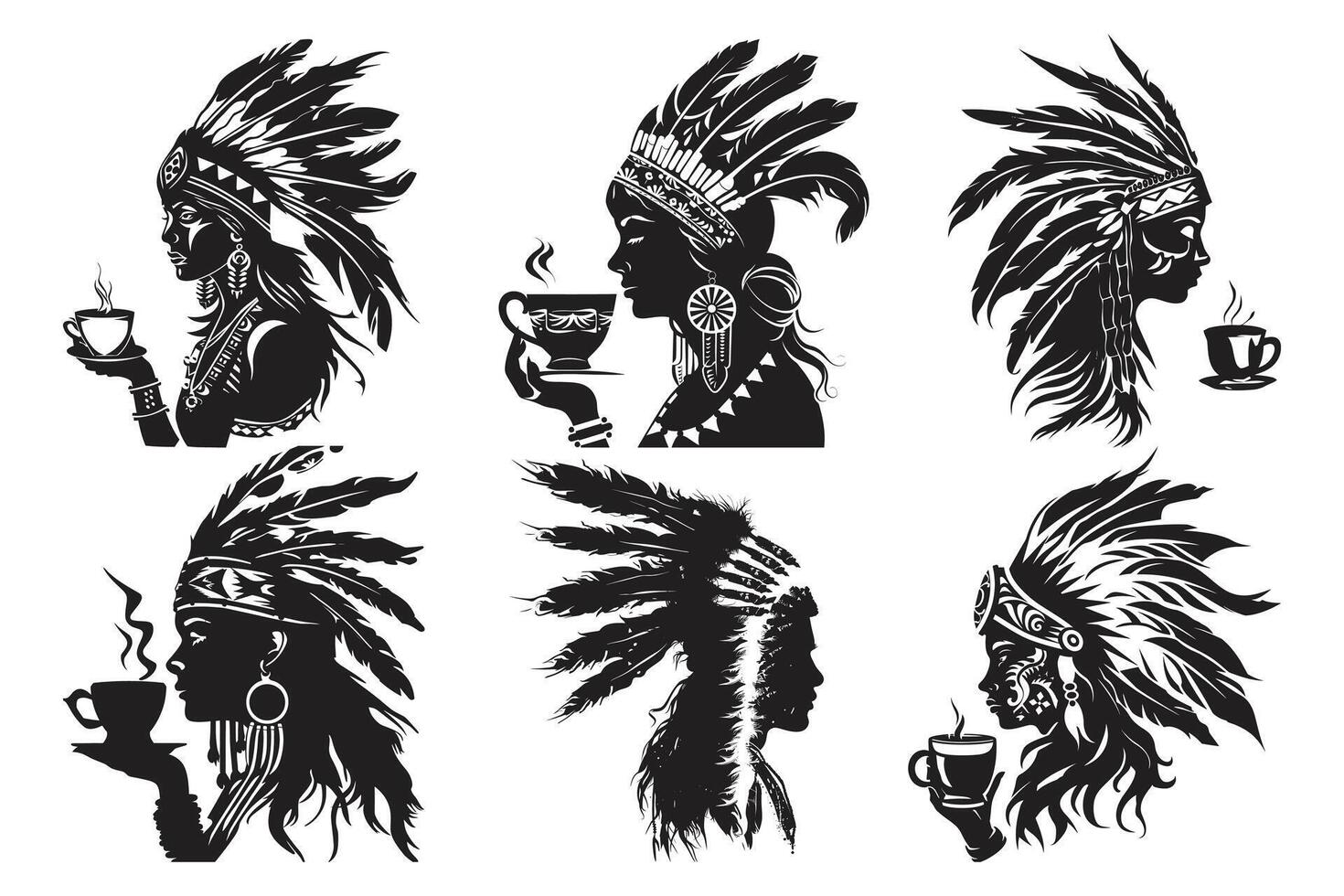 inheems Amerikaans tribal chef hoofdtooi veren silhouet, Amerikaans Indisch chef, mooi meisje vervelend een Indisch chef hoofddeksel. vector