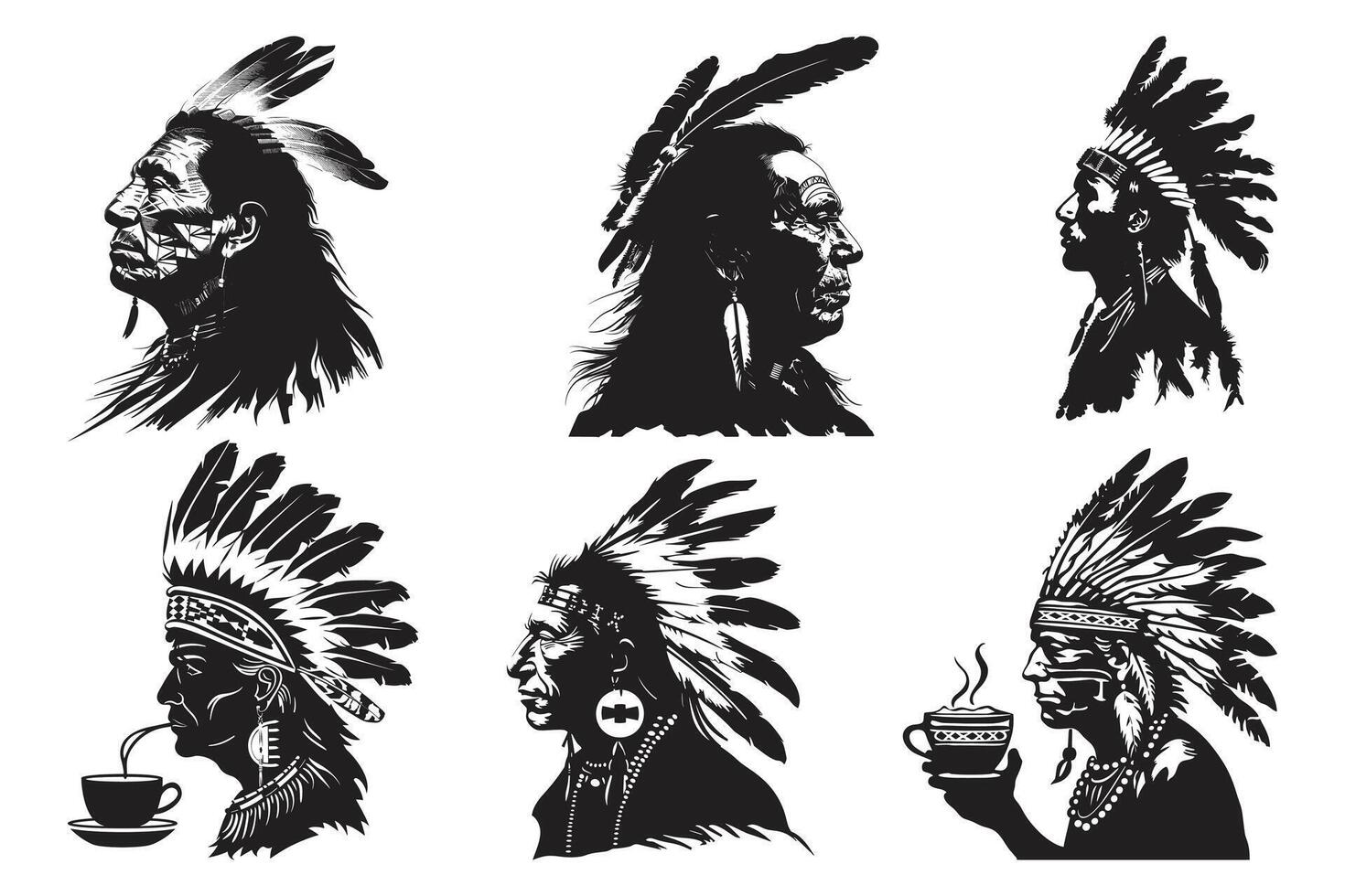 inheems Amerikaans tribal chef hoofdtooi veren silhouet, Amerikaans Indisch chef, mooi meisje vervelend een Indisch chef hoofddeksel. vector