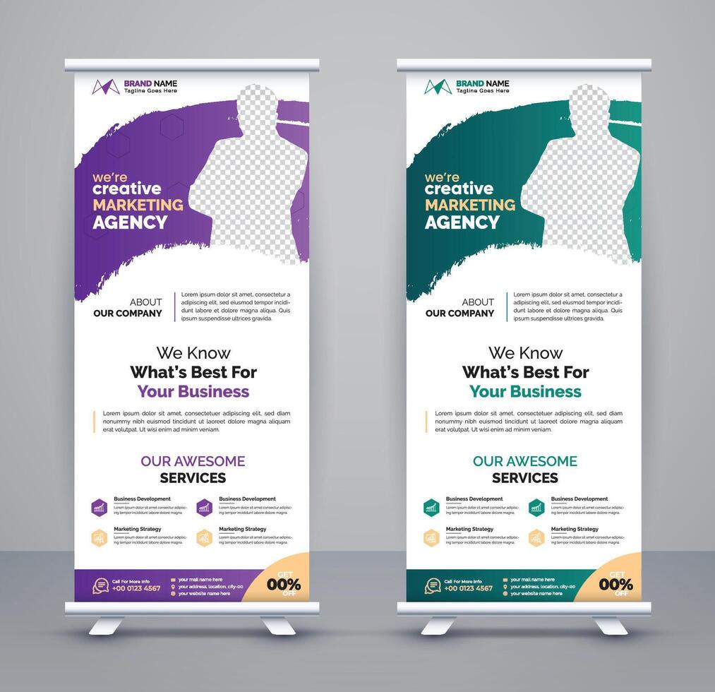 bedrijf oprollen banners voor marketing. creatief zakelijke rollen omhoog banier ontwerp in kromme vorm lay-out, tentoonstelling advertenties Trekken omhoog ontwerp x-banner ontwerp sjabloon. vector