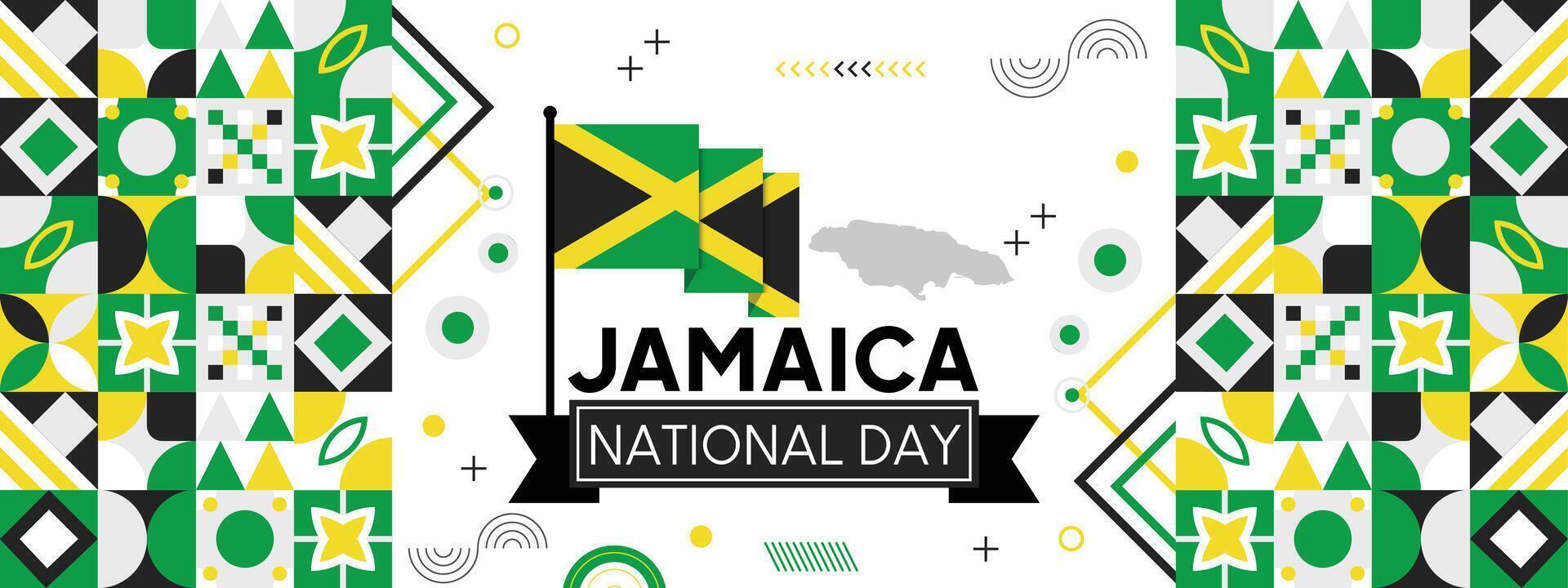 Jamaica nationaal dag banier met kaart, vlag kleuren thema achtergrond en meetkundig abstract retro modern kleurrijk ontwerp vector