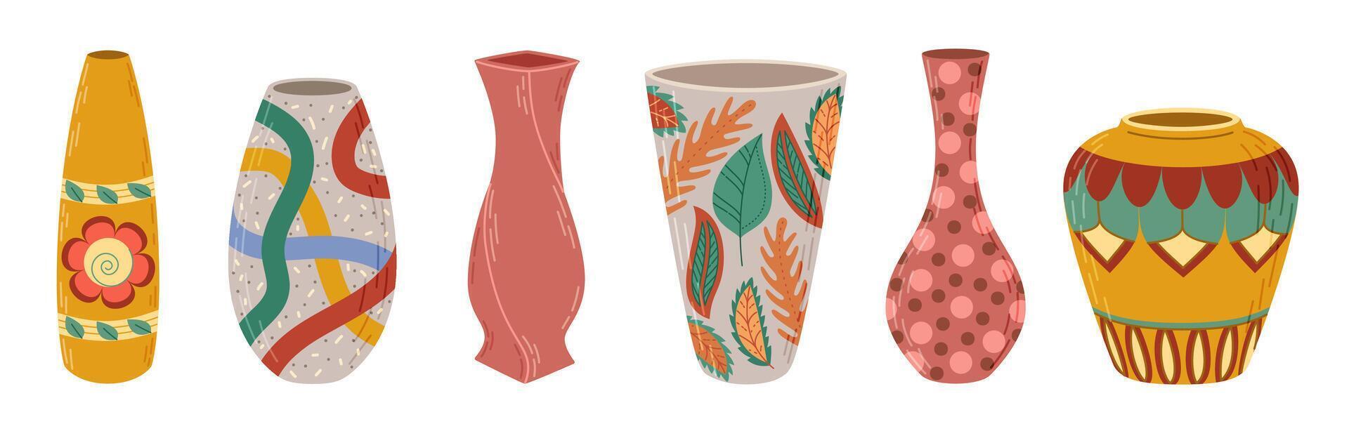 gekleurde keramisch vazen set. porselein vaas voor bloemen, antiek pottenbakkerij, bloemen en abstract patronen. vaas pottenbakkerij voor decoratie. modieus vlak stijl geïsoleerd Aan wit illustratie vector