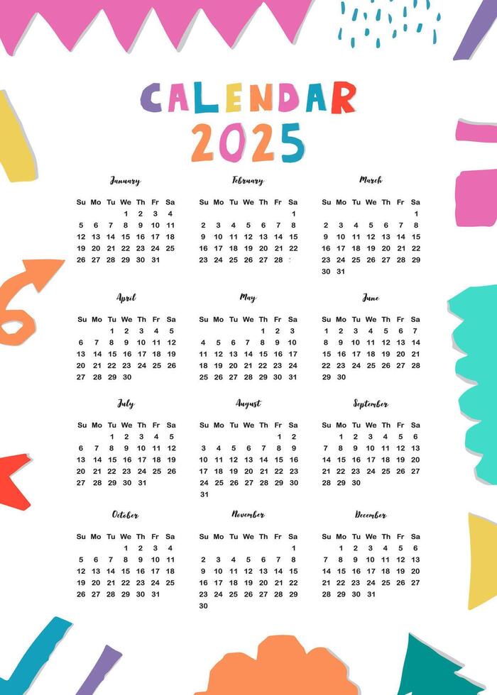 2025 tafel jaarlijks kalender week begin Aan zondag met vorm dat gebruik voor verticaal digitaal en afdrukbare a4 a5 grootte vector