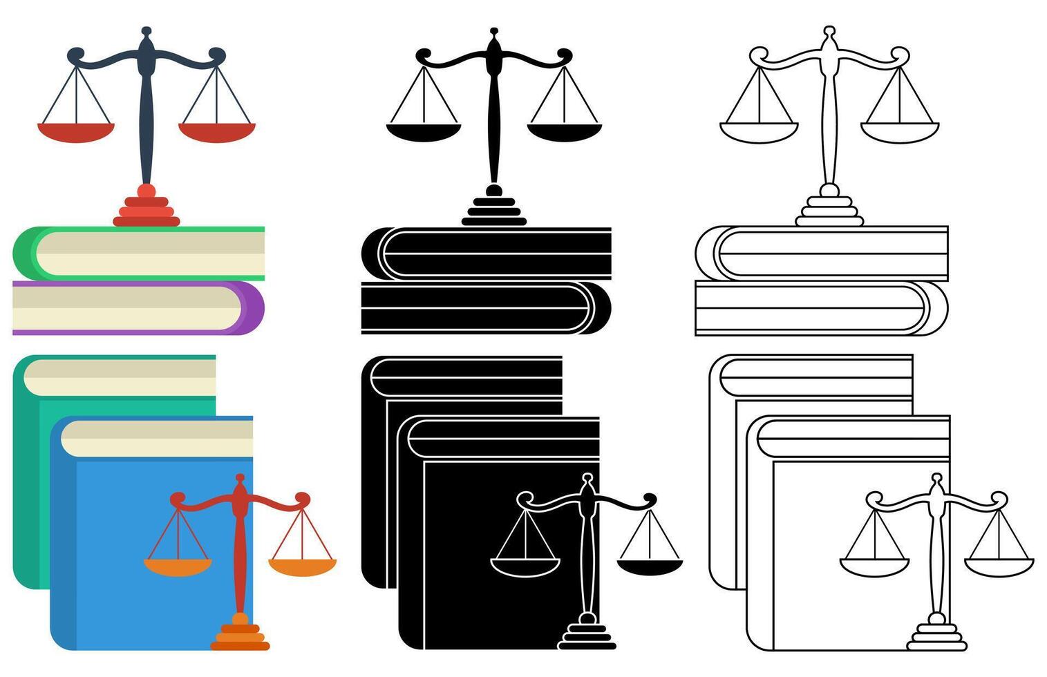 reeks boeken met schaal van gerechtigheid pictogrammen. wet onderwijs symbool vlak ontwerp illustratie vector