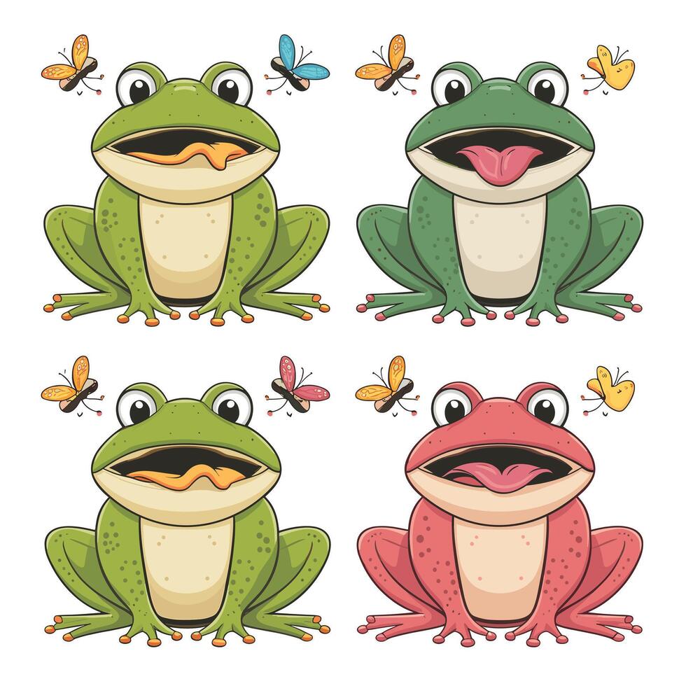 schattig tekenfilm kikker set, animatie kozijnen. aanbiddelijk weinig froggy lachend, springen, kwaken, golvend en vangen vlieg met tong. gemakkelijk vlak stijl illustratie. vector