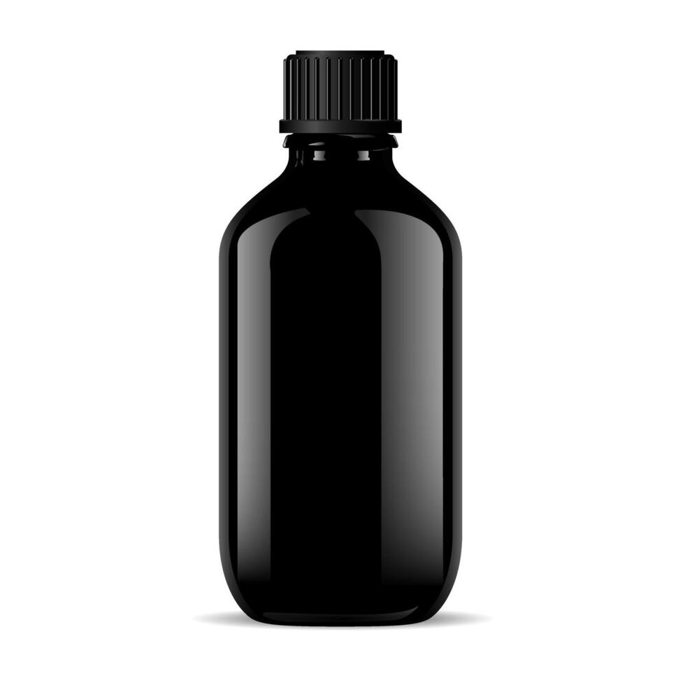 zwart glas medisch fles geïsoleerd Aan wit. glas of glanzend plastic houder voor verschillend kunstmatig of medisch producten. 3d realistisch flacon mockup ontwerp. vector