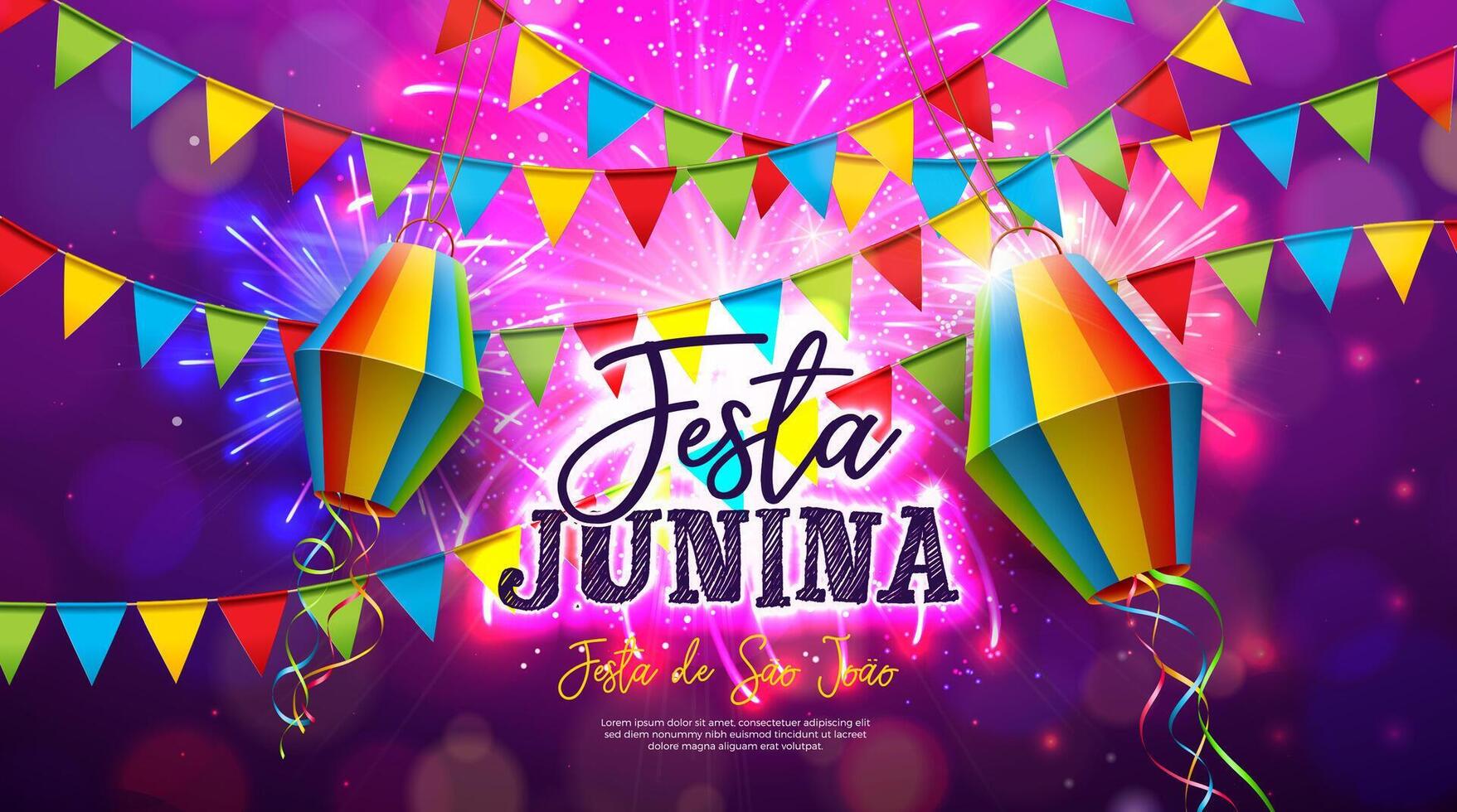 festa Junina illustratie met kleurrijk partij vlaggen en papier lantaarn Aan vuurwerk achtergrond. Brazilië traditioneel juni sao joao festival ontwerp voor banier, groet kaart, uitnodiging of vakantie vector