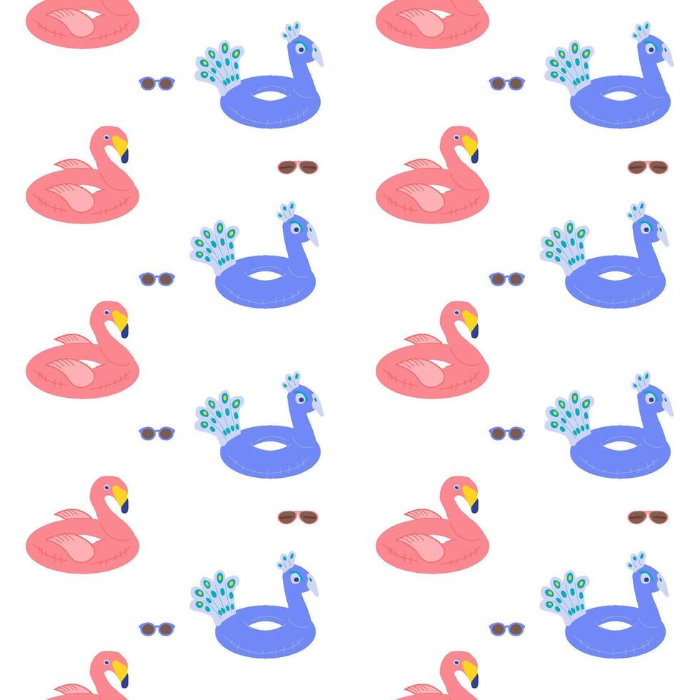 naadloos patroon met zwemmen cirkels in de vorm van roze flamingo's en blauw pauwen vector
