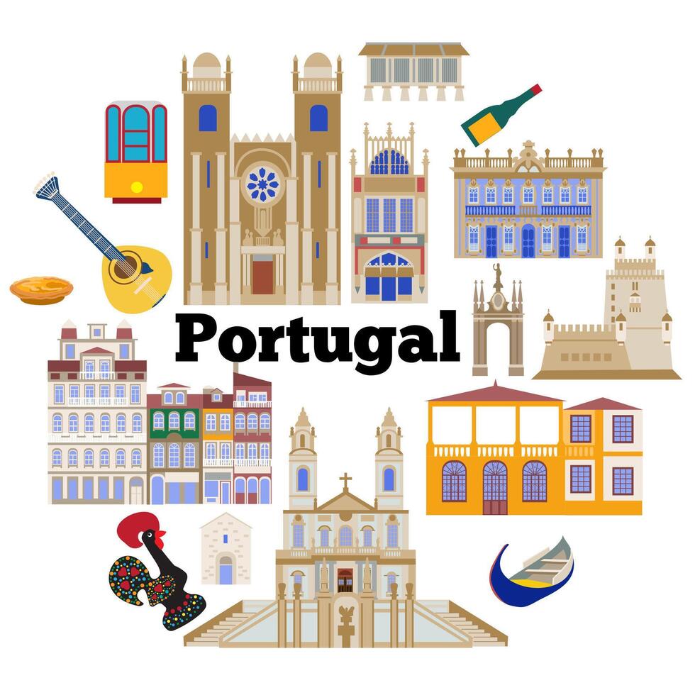 reeks met oriëntatiepunten van Portugal, de illustratie is gemaakt in een vlak stijl voor behang achtergrond, geschenk verpakking, souvenir Product ontwerp, ansichtkaarten en notebooks voor toeristen vector