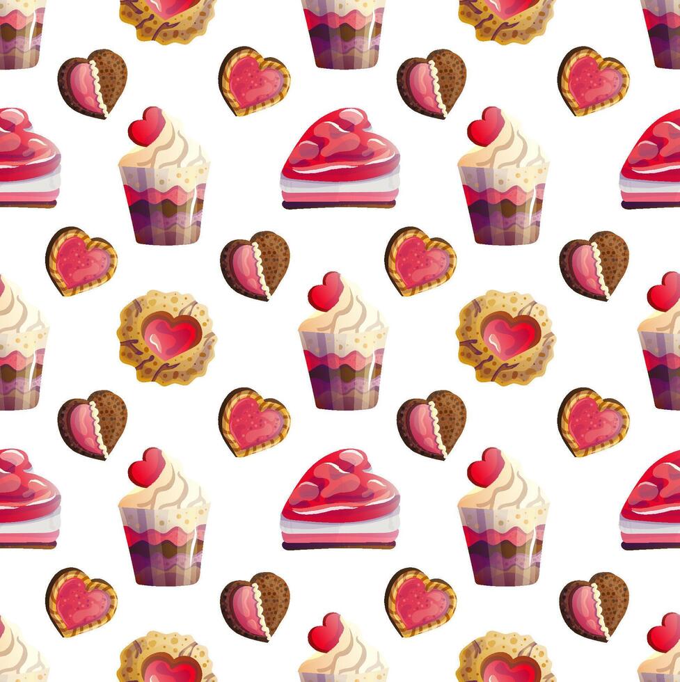 naadloos patroon van watertanden koekjes met harten en schattig taarten, illustraties in een vlak tekenfilm stijl naar versieren de menu's van zoet restaurants en Valentijnsdag dag kaarten vector