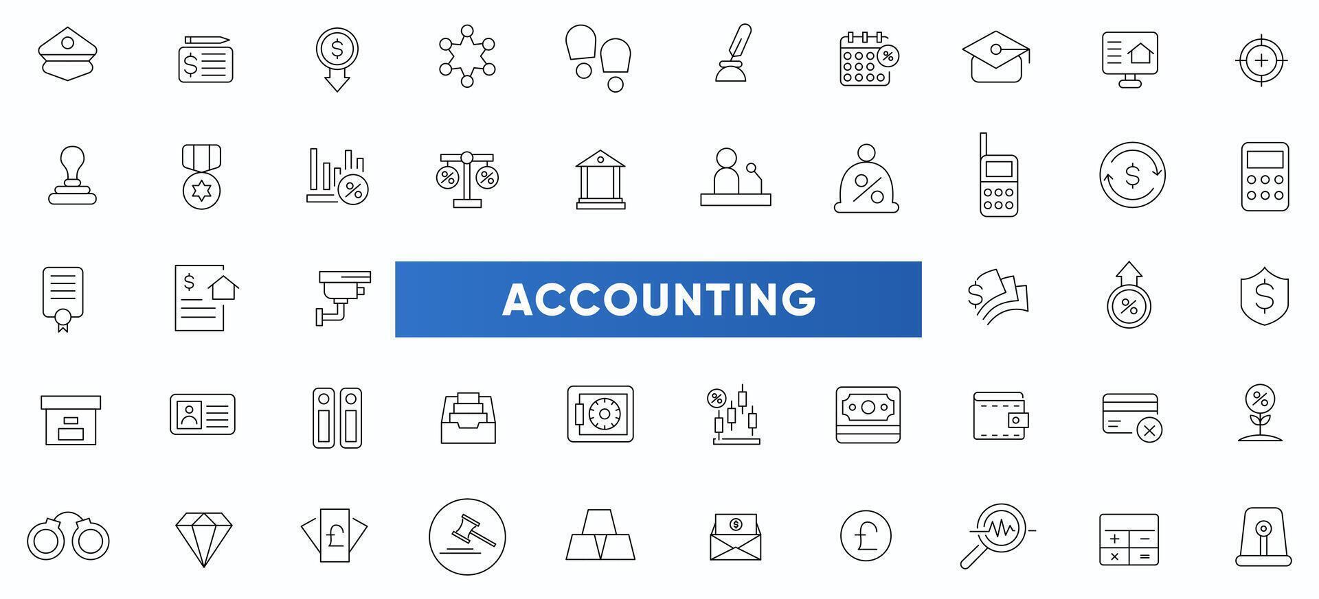 accounting dun lijn pictogrammen set. accountant, financieel, bedrijf firma belasting, uitspraak, rekenmachine, en balans vel icoon verzameling. met financieel uitspraak, controle, factuur icoon pak. vector