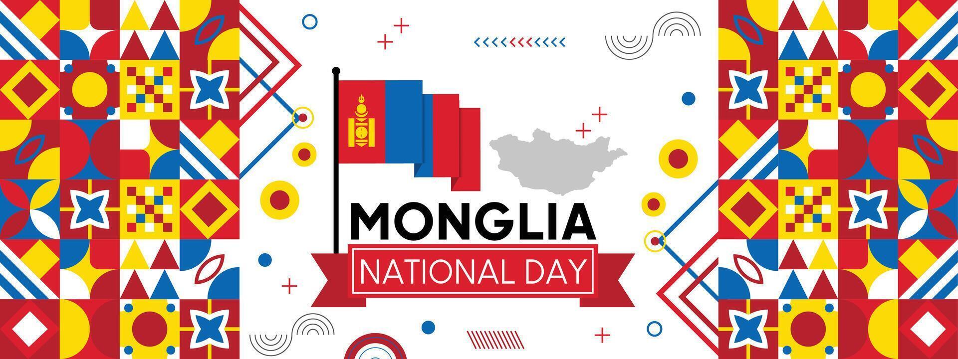 vlag en kaart van Mongolië. nationaal dag of onafhankelijkheid dag ontwerp voor land viering. modern retro ontwerp met abstract kleurrijk pictogrammen. vector