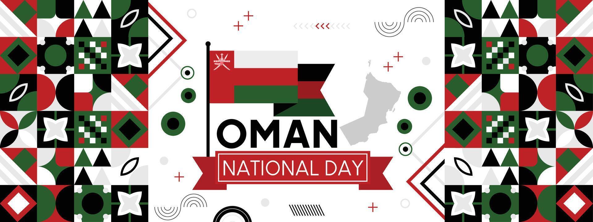 Oman nationaal dag banier met schoonschrift Oman vlag kleuren thema achtergrond meetkundig abstract modern retro ontwerp. vector