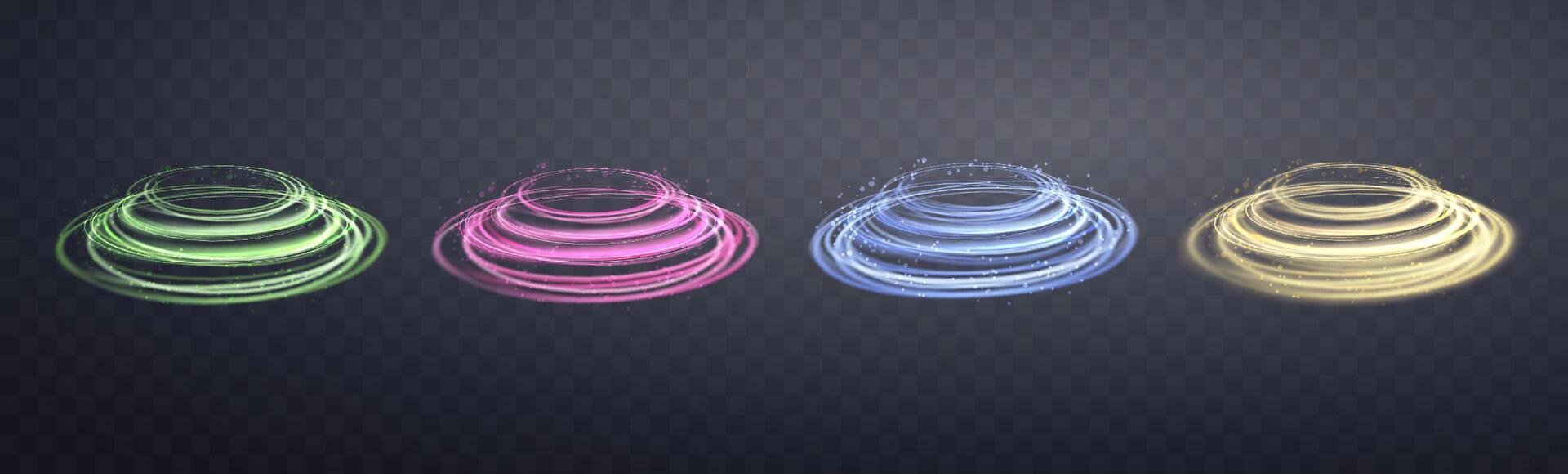gloeiend magie ringen set. neon realistisch energie gloed ringen met sprankelend deeltjes. abstract licht effect vector