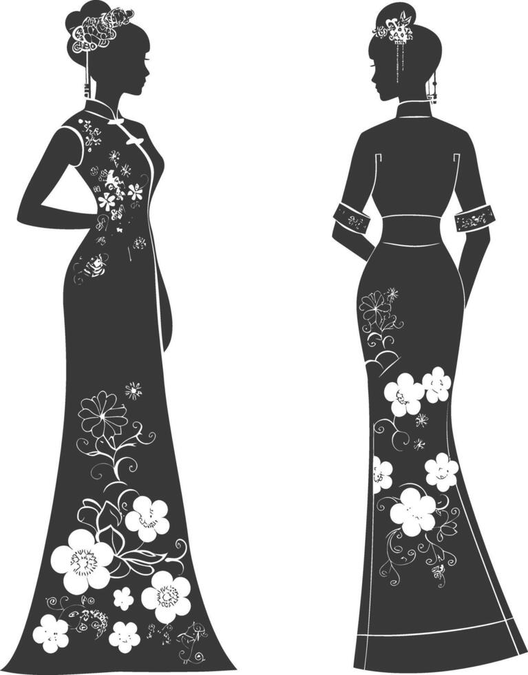 silhouet onafhankelijk Chinese Dames vervelend cheongsam of zansae zwart kleur enkel en alleen vector